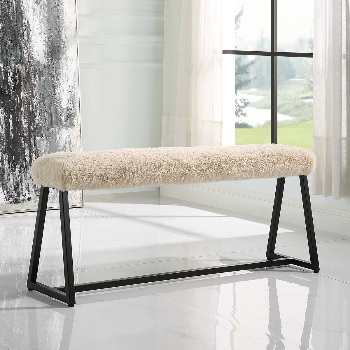 Taupo Sheepskin Bench, Benche by Uttermost, 49" width x 21" height x 12" depth View 2
