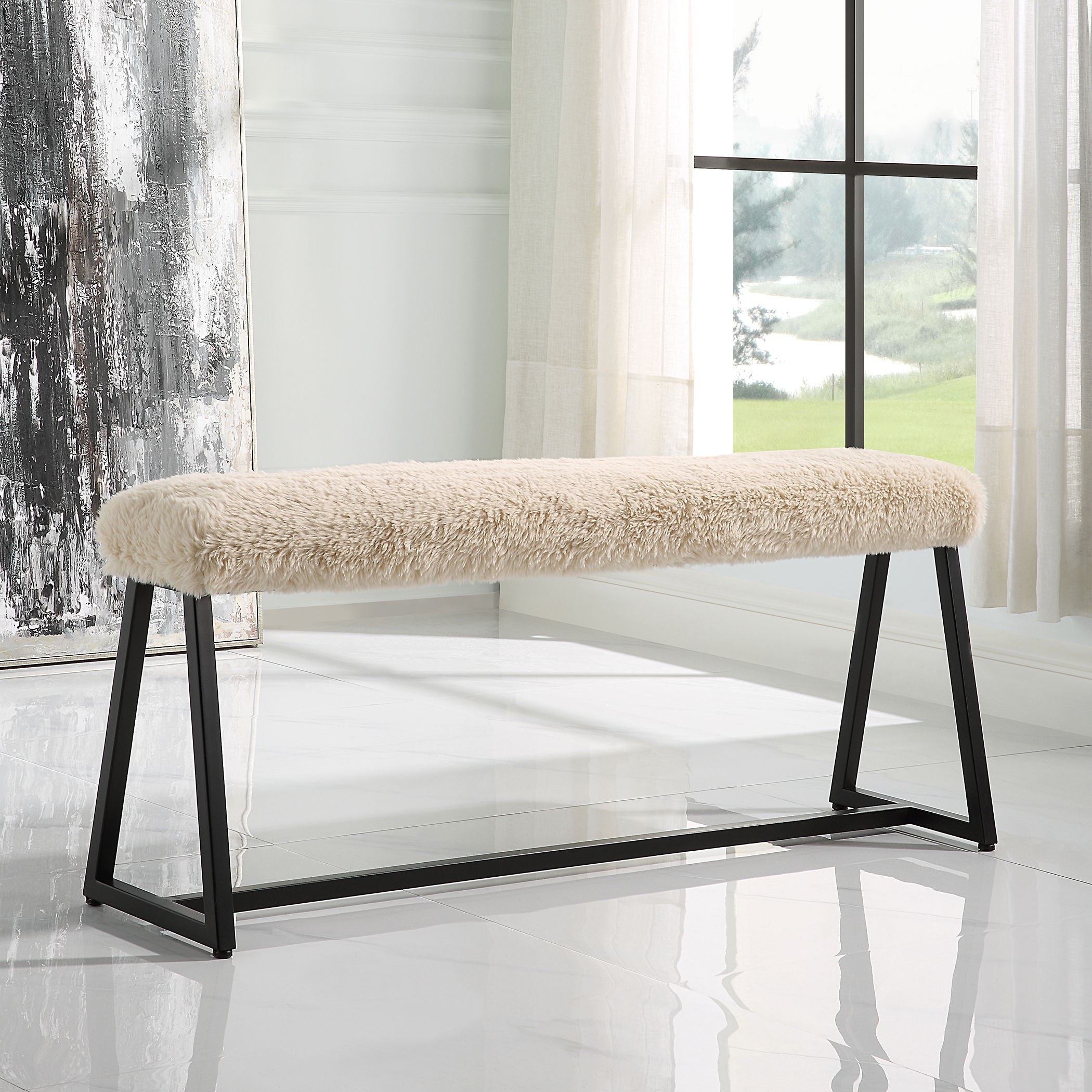 Taupo Sheepskin Bench, Furniture by Uttermost, 49" width x 21" height x 12" depth View 2
