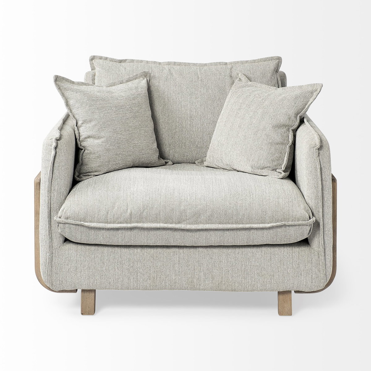 Roy II Frost Gray Upholstered and Brown Wood Frame Arm Chair, Accent Chair by Mercana, 43.31" length x 41.73" width x 33.07" height View 4