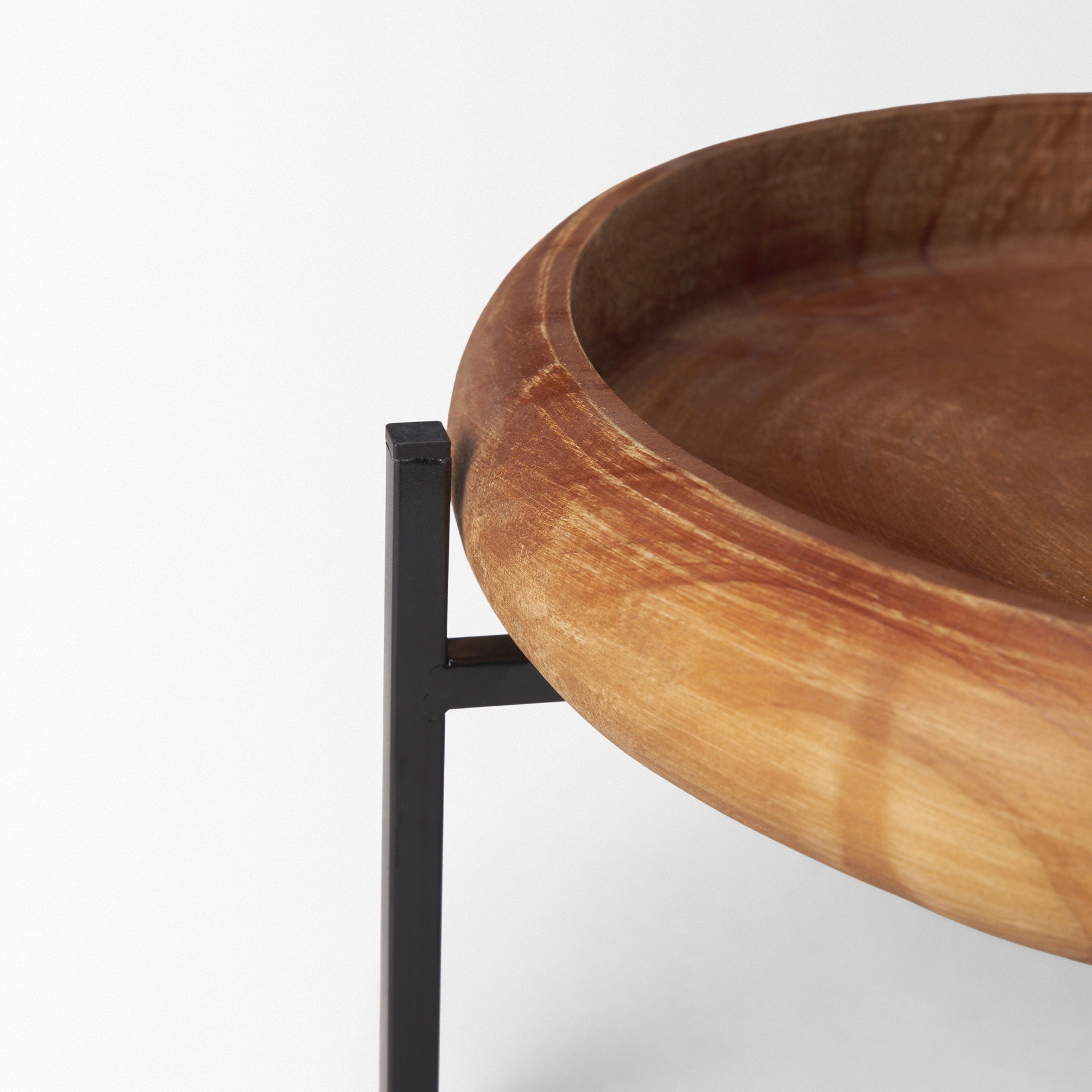 Wally Round Medium Brown Wood with Matte Black Metal Stand Trays, Decorative Tray by Mercana, 14.25" length x 14.25" width x 6.75" height View 7