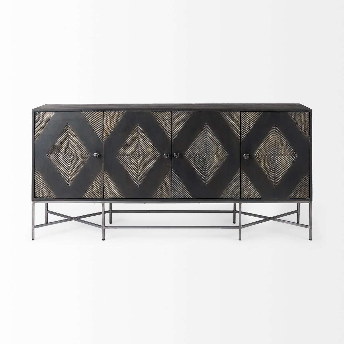 Hogarth I 72x15 Two-Tone Brown Solid Wood Base Silver Frame 4 Cabinet Sideboard, Sideboards & Buffet by Mercana, 16" length x 72" width x 34" height View 5