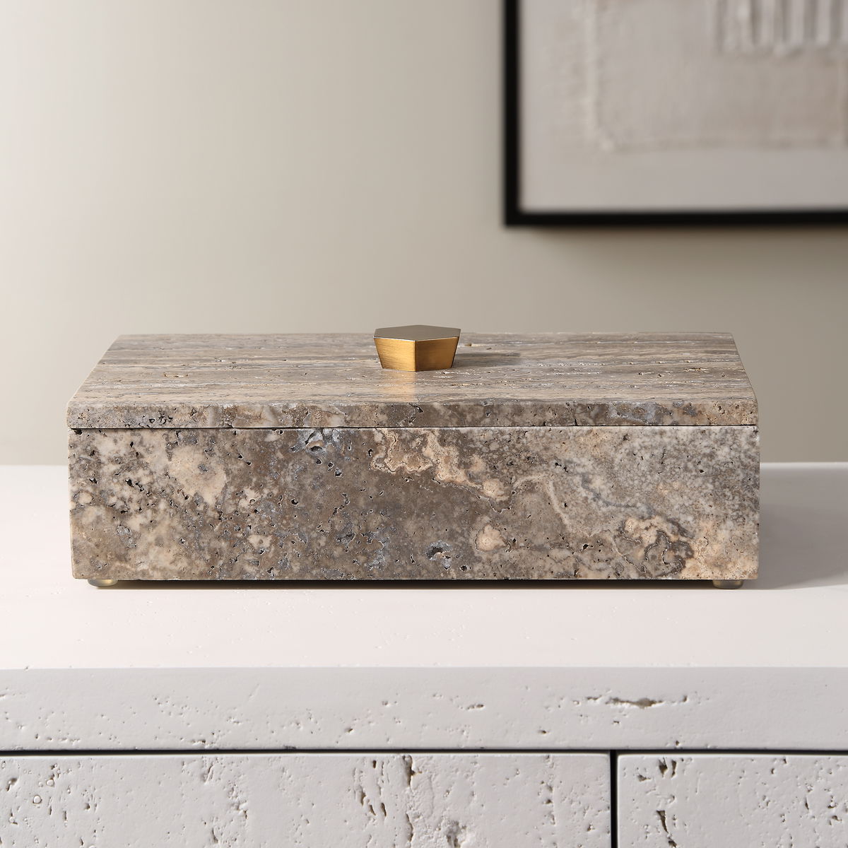 Griseus Travertine Stone Box, Boxe by Uttermost, 9.5" width x 2.75" height x 6" depth View 2