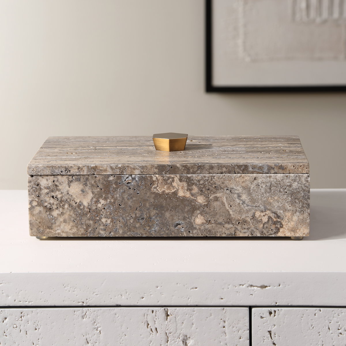 Griseus Travertine Stone Box, Boxe by Uttermost, 9.5" width x 2.75" height x 6" depth View 2