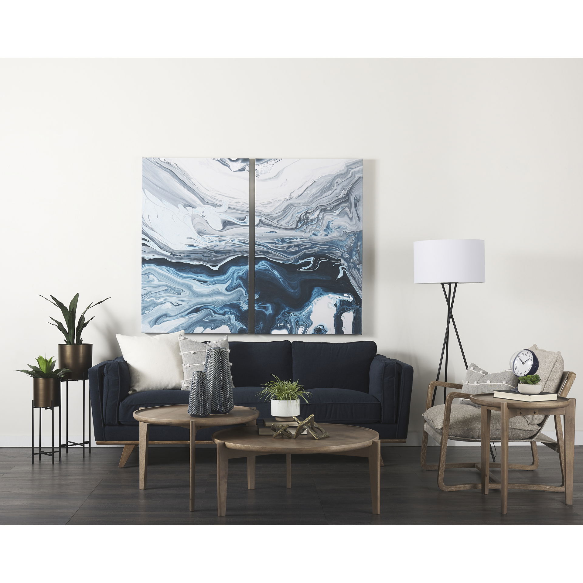 Brooks  Navy Blue Fabric Three Seater Sofa with Medium Brown Wooden Legs, Sofas & Sectional by Mercana, 90.16" length x 34.84" width x 33.46" height View 4