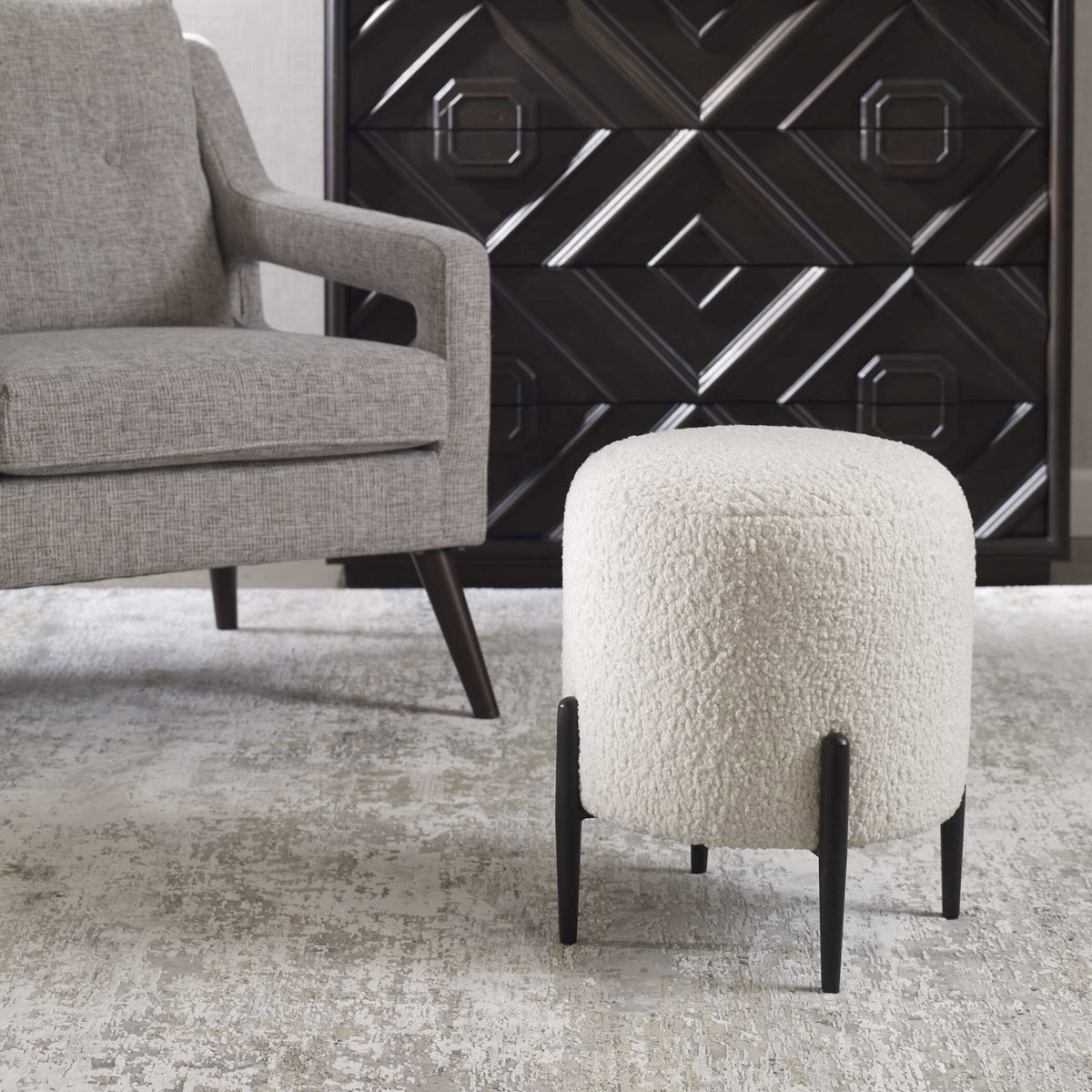 Arles White Shearling Ottoman, by Uttermost, 16" width x 18" height x 16" depth View 4