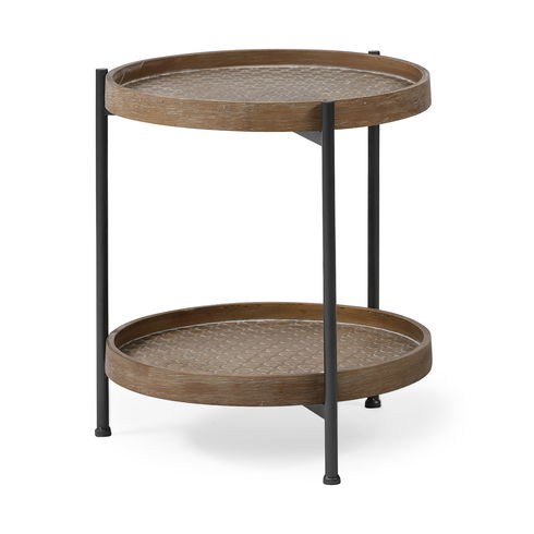 Kade III 16.9" Round Top Natural Brown Wood and Gray Metal Frame Tray-Style End/Side Table