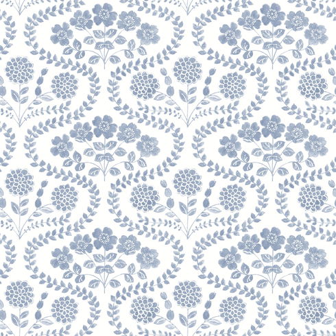 Folksy Floral Blue & White Wallpaper