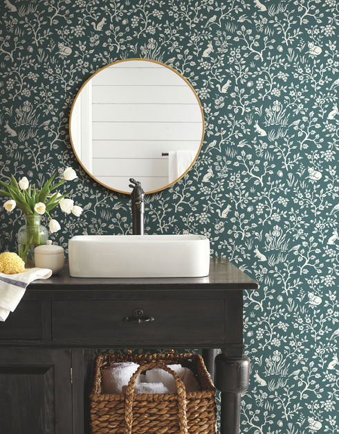 Weekends Fox & Hare Teal Wallpaper