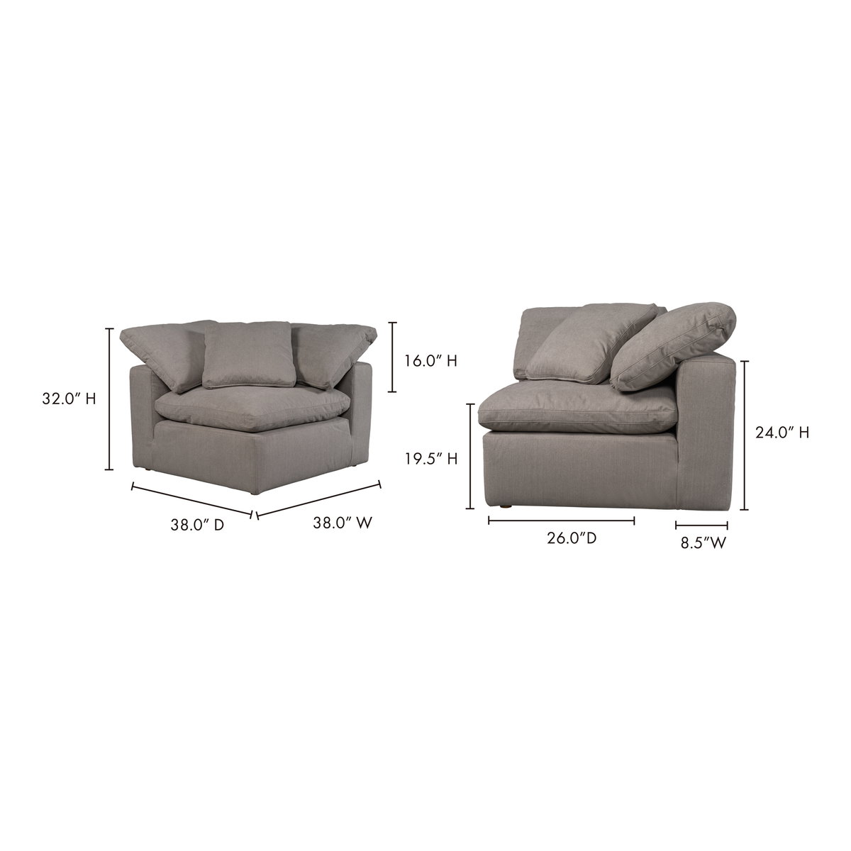 Terra Condo Corner Chair Light Grey, Sectional Sofa by Moe's Home, 38" width x 32" height x 38" depth View 8