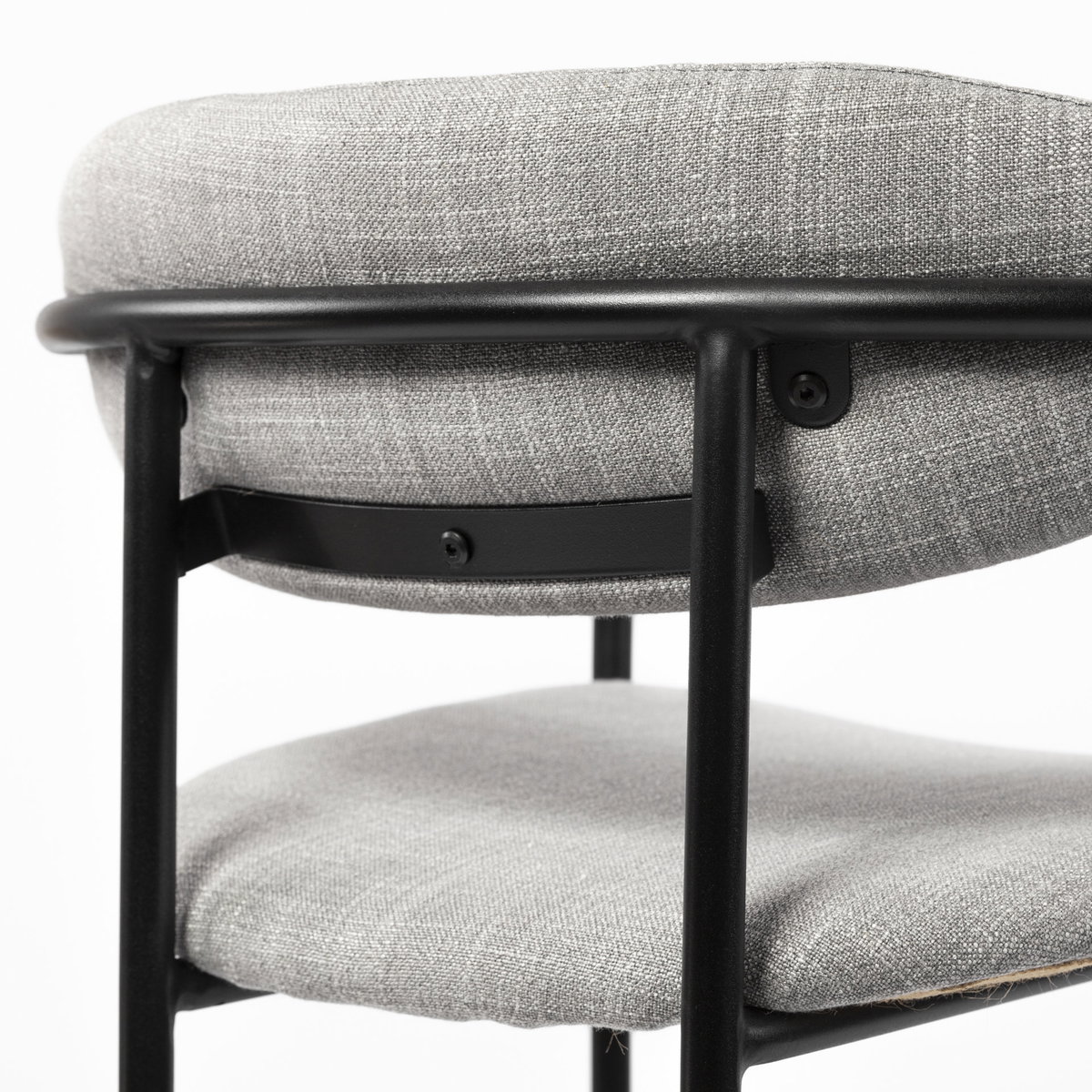Parker Curved Back Dining Arm Chair | Gray Fabric with Black Metal, Dining Chair by Mercana, 21.65" length x 21.26" width x 28.74" height View 14