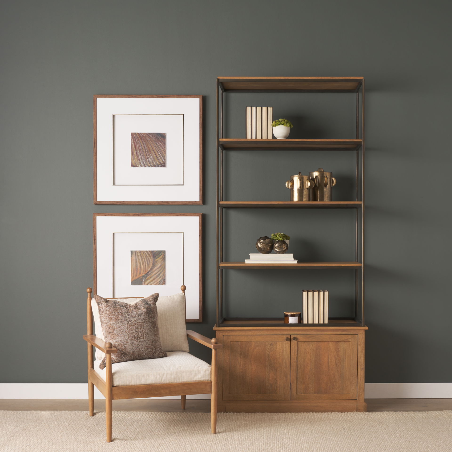 Baron Light Brown Wood with Gunmetal 2-Door Open Shelving Unit, Shelving & Bookcase by Mercana, 41.75" length x 19" width x 90" height View 2