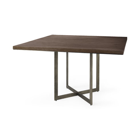 Faye 48"L x 48"W Square Dining Table | Modern | Med Brown Wood & Antique Nickel Metal | Seats 4