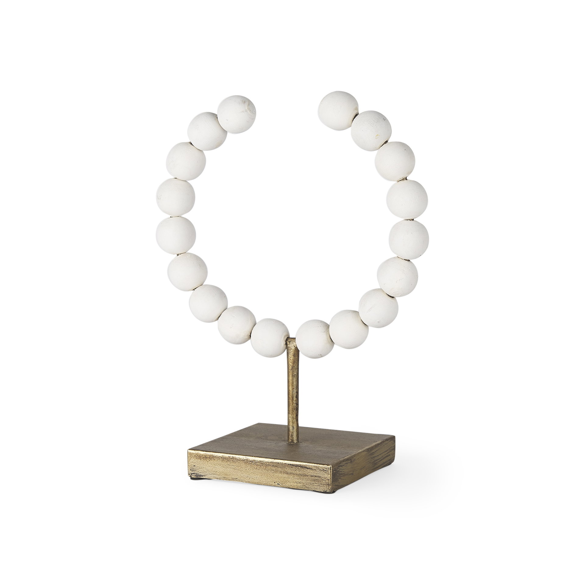 Pontchartrain I (Small) 9L x 5W White Beaded Broken Sphere Decorative Object with Gold Base, by Mercana, 9.45" length x 4.53" width x 11.61" height View 1