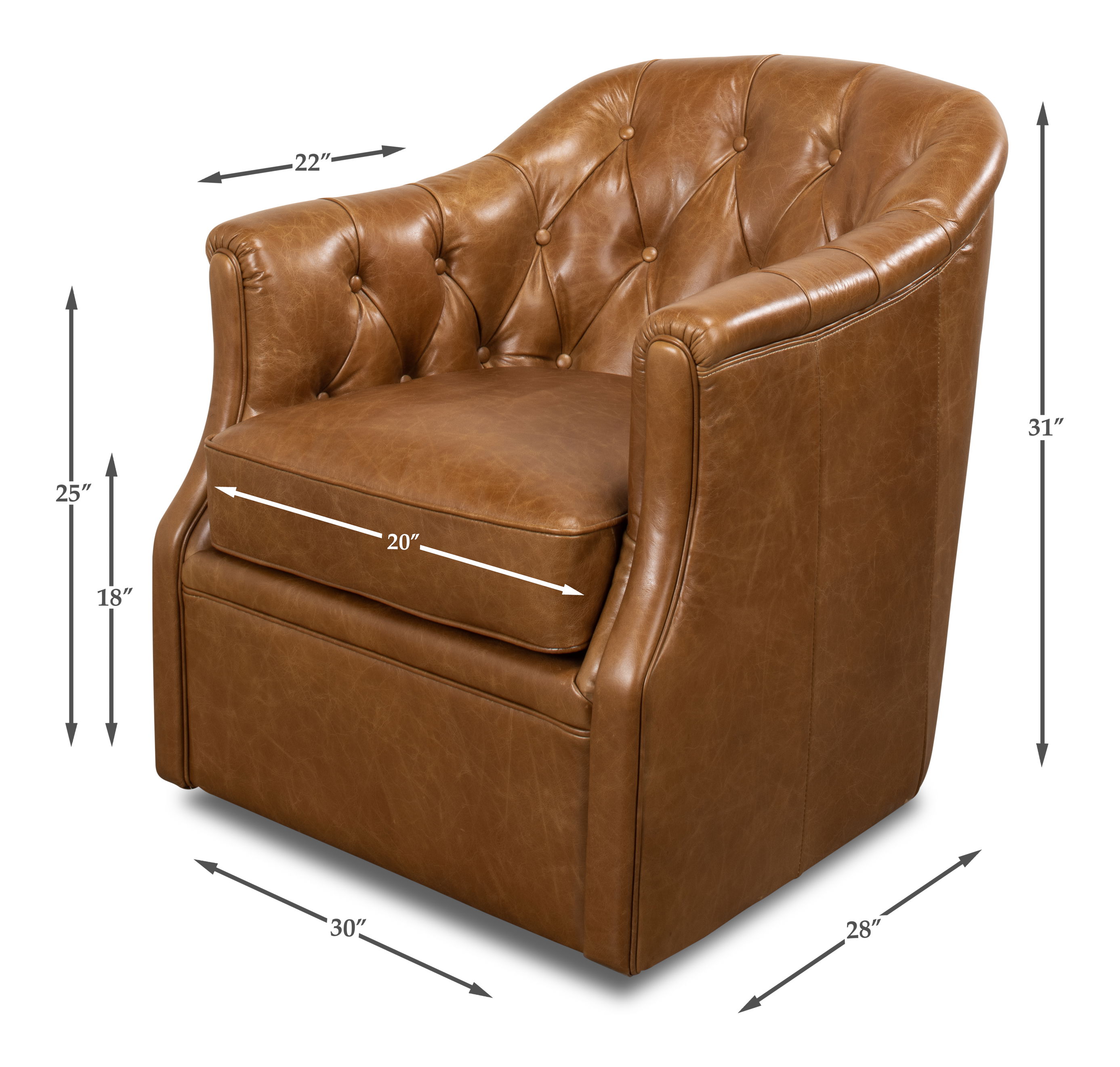 Coolidge Leather Swivel Chair, Cuba Brn, Seating by Sarreid, 30" length x 28" width x 31" height View 9