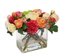 Online Designer Living Room Faux Dahlia Garden Rose Arrangement in Square Glass Vase