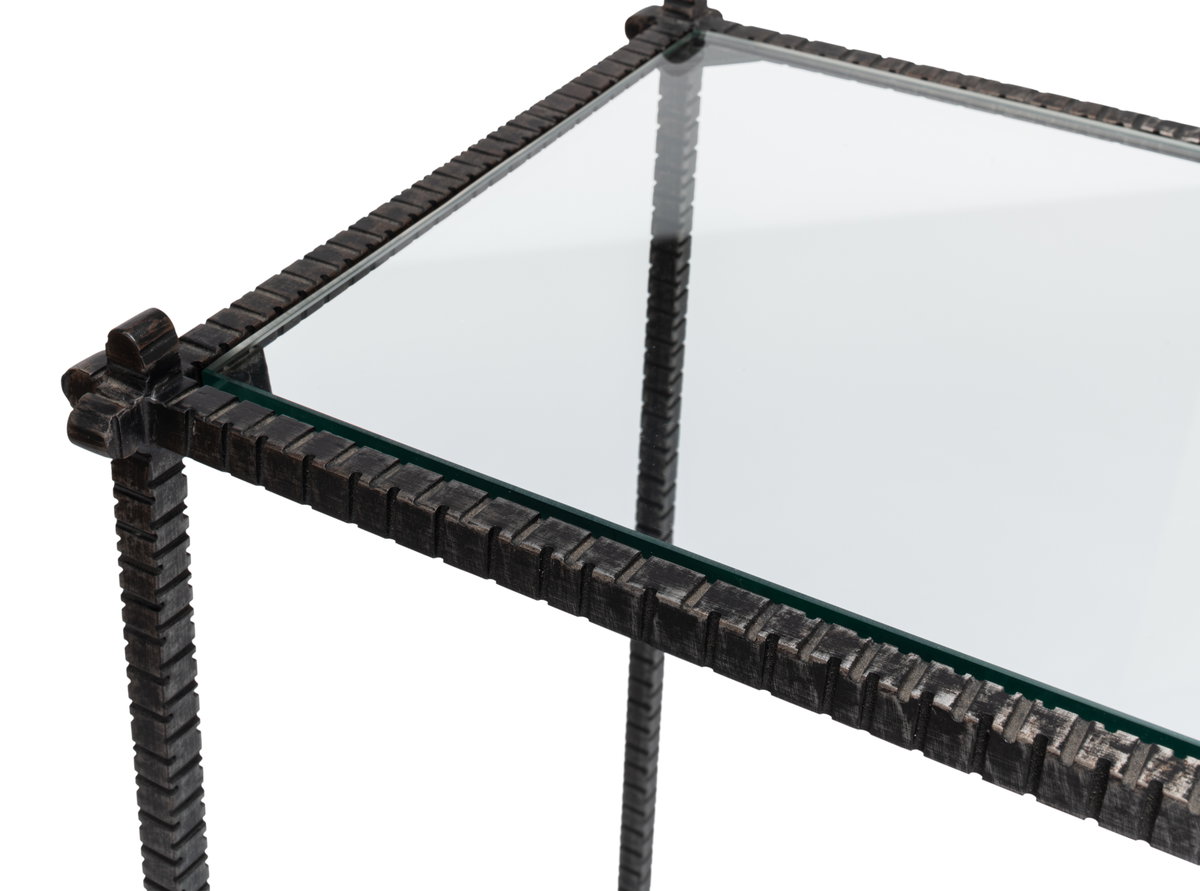Hand Chased Iron Console Tble  Glass Top, by Sarreid, 1'4" length x 5' width x 2'9" height View 11