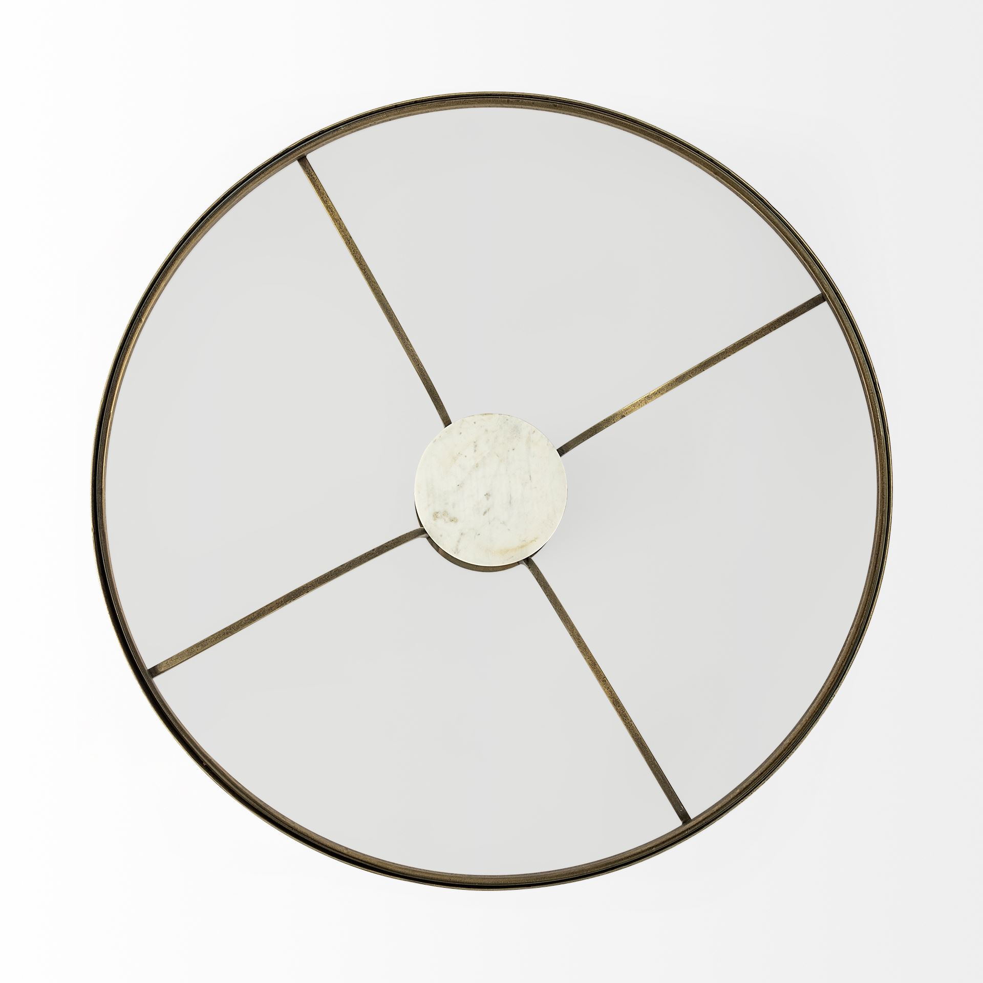 Jacinta 36' Round Glass Top Metal and Marble Pedestal Coffee Table, by Mercana, 36" length x 36" width x 16" height View 5