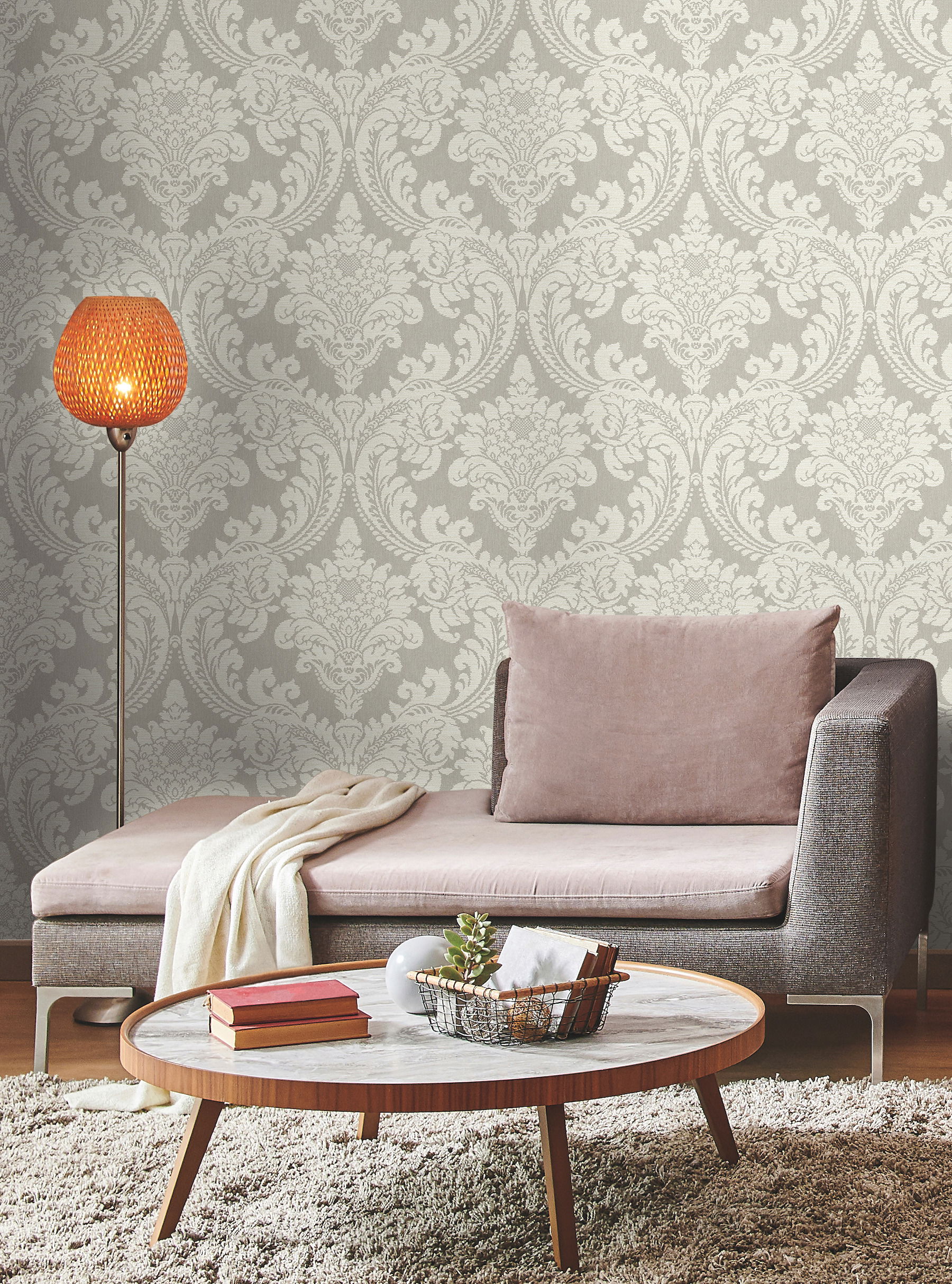 Tapestry Damask Grey Wallpaper large image 