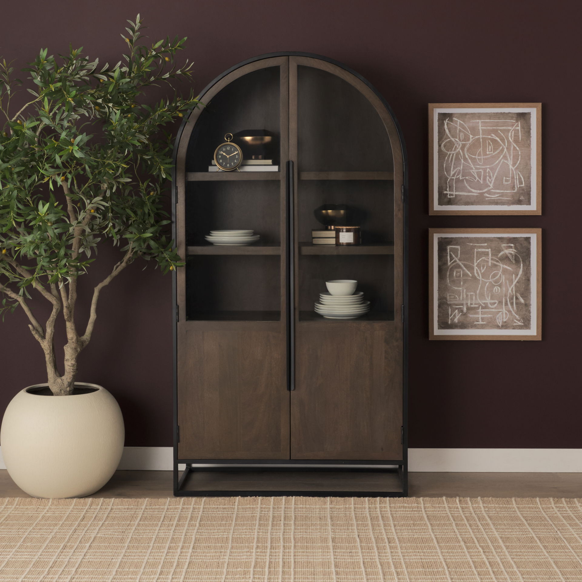 Sloan 42W x 80H Dark Brown Wood with Black Metal Arched Curio Cabinet, Cabinets & Sideboard by Mercana, 42" length x 18.5" width x 80" height View 4