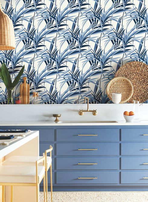 Tropical Paradise Blue & White Wallpaper