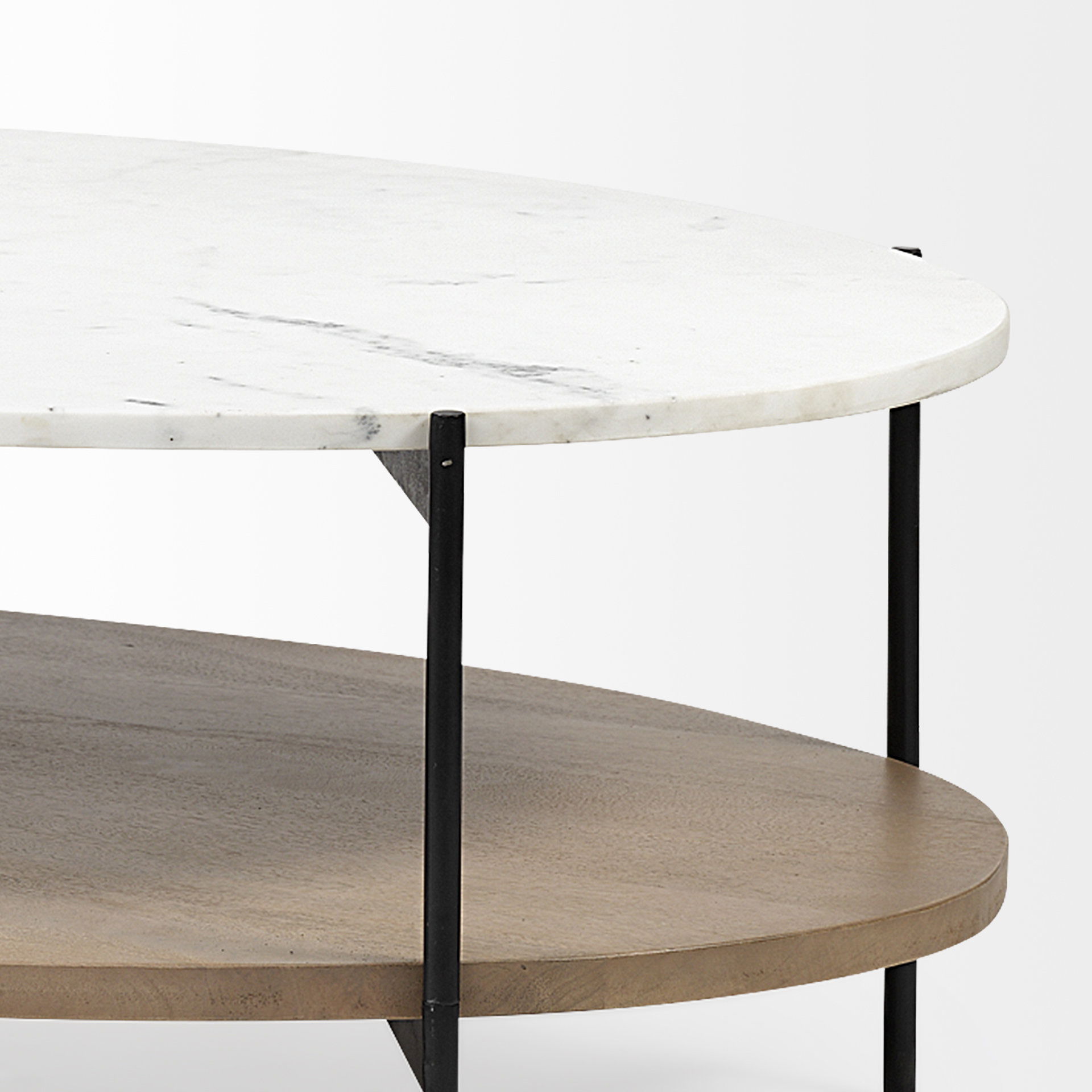Larkin 48' Oval White Marble Top and Solid Wood Shelf with Black Metal Frame Coffee Table, by Mercana, 48" length x 30" width x 16" height View 10