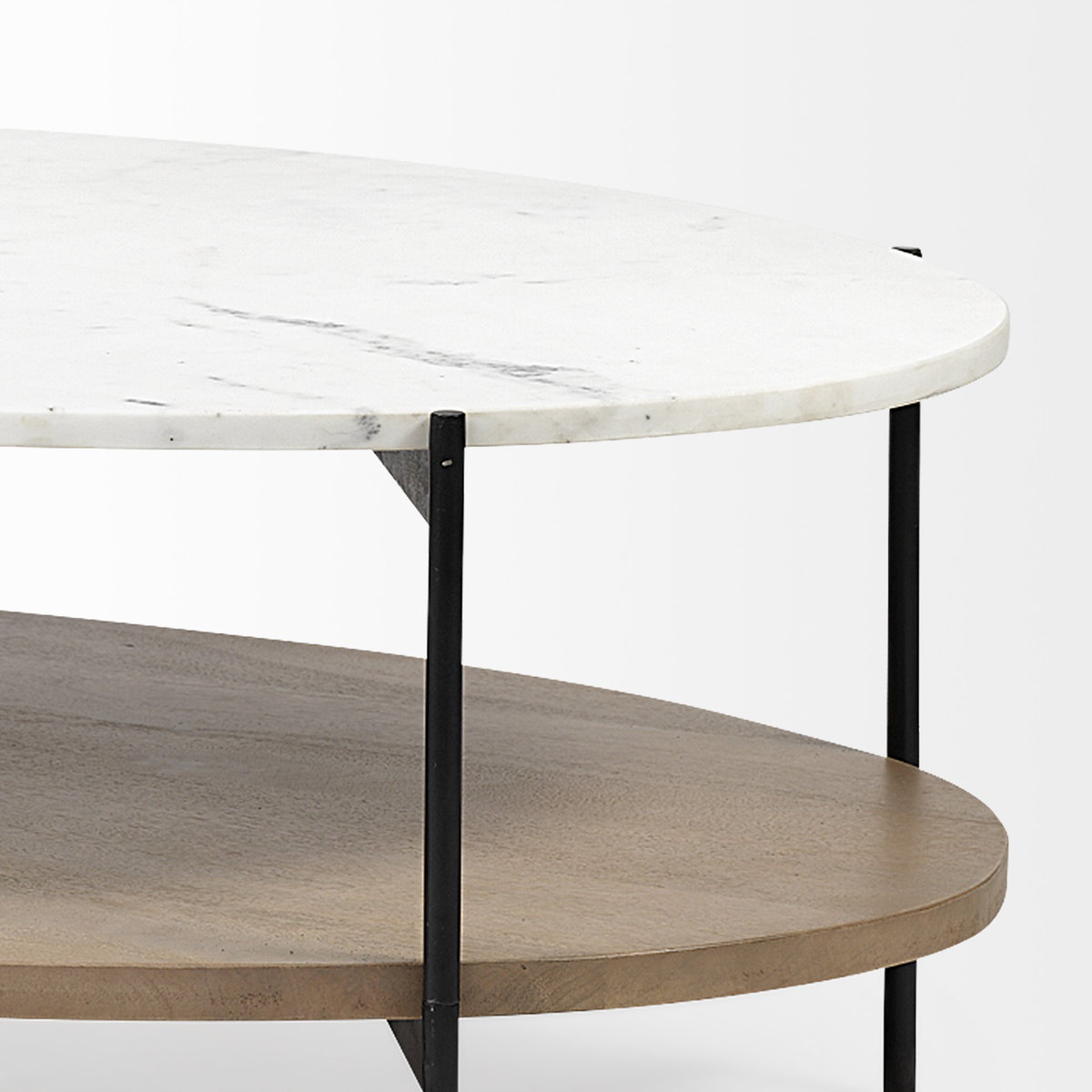Larkin 48' Oval White Marble Top and Solid Wood Shelf with Black Metal Frame Coffee Table, by Mercana, 48" length x 30" width x 16" height View 10