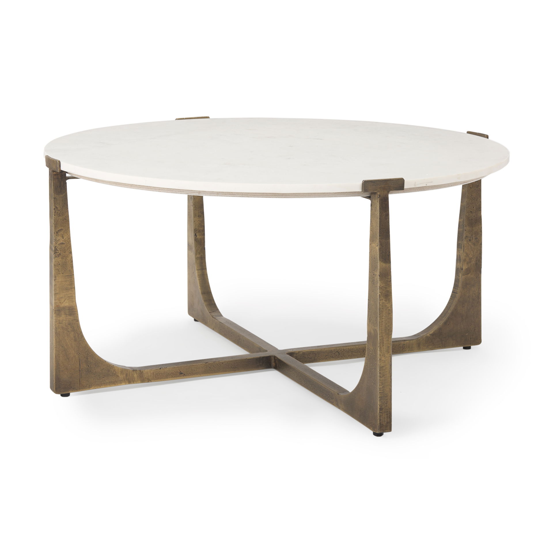 Atticus Marble and Antiqued Gold Metal Coffee Table, by Mercana, 34" length x 34" width x 16.25" height View 1