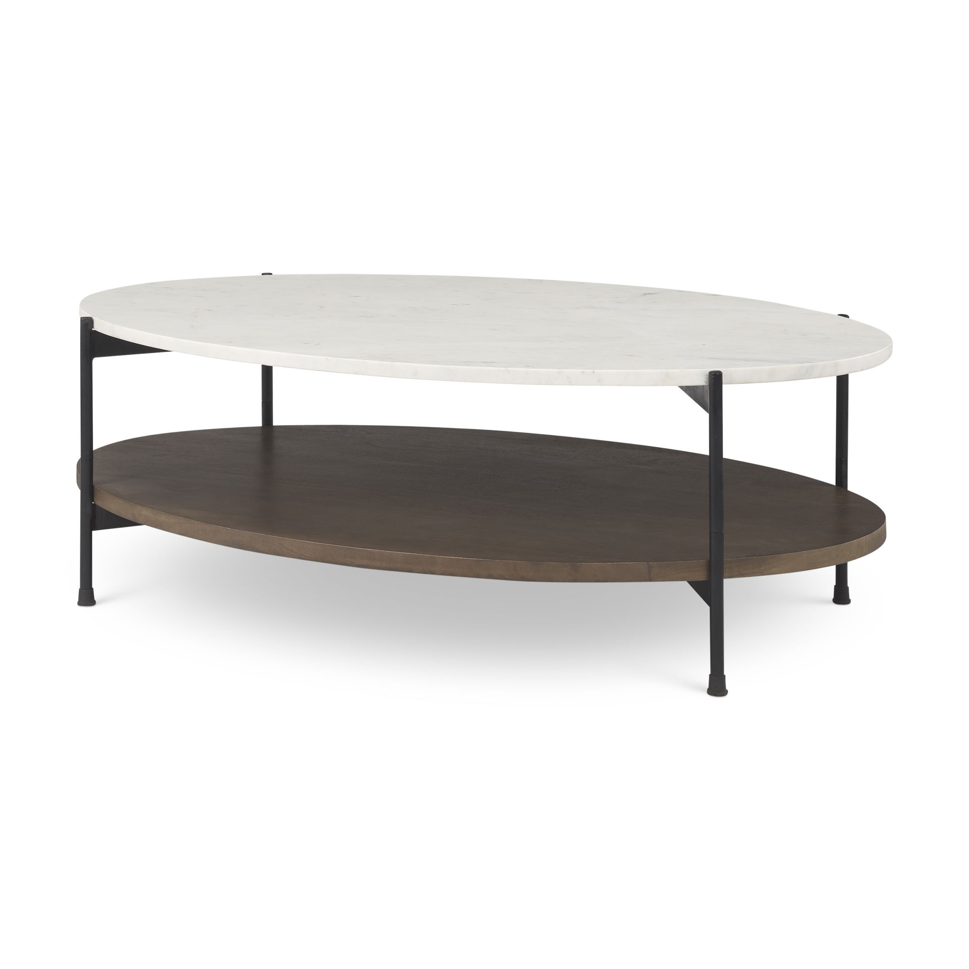 Larkin White Marble Top with Dark Brown Wood Shelf Oval Coffee Table, by Mercana, 48" length x 30" width x 16" height View 1