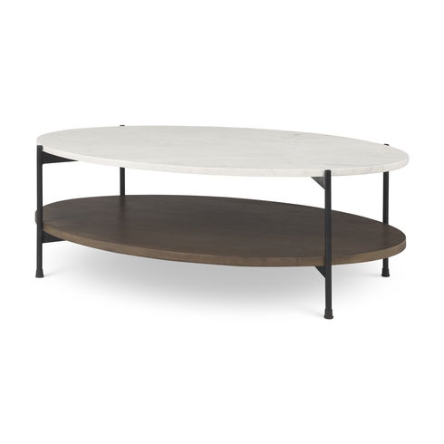 Larkin White Marble Top with Dark Brown Wood Shelf Oval Coffee Table