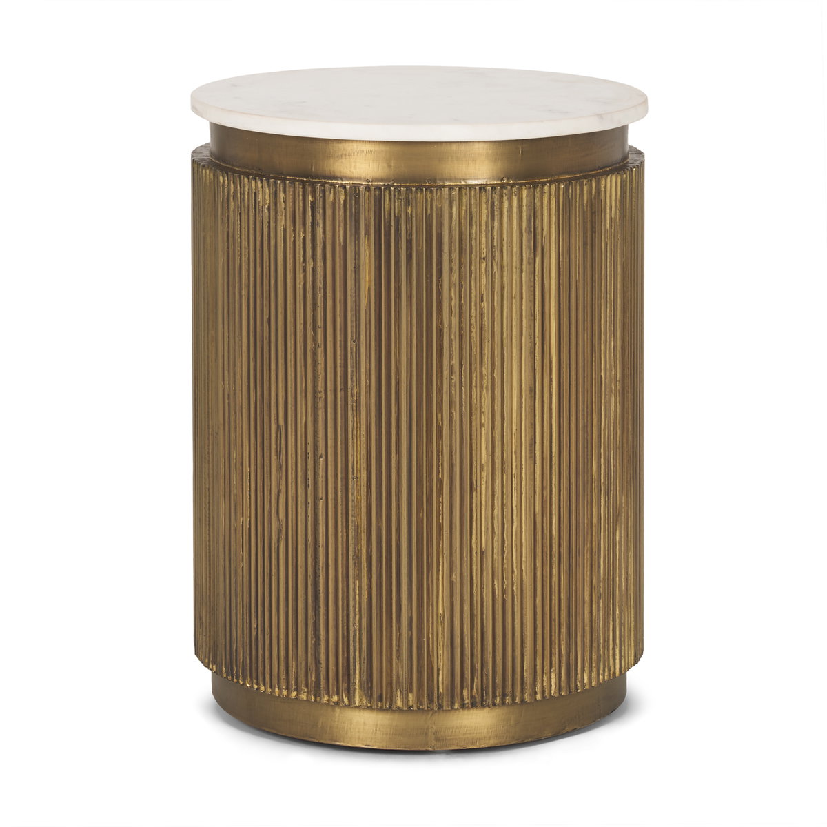 Satima White Marble with Gold Metal Round Fluted Accent Table, Side & End Table by Mercana, 16" length x 16" width x 22.25" height View 1