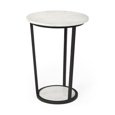 Bombola II (Large) 18L x 18W White Round Marble Top with Black Metal Frame Accent Table