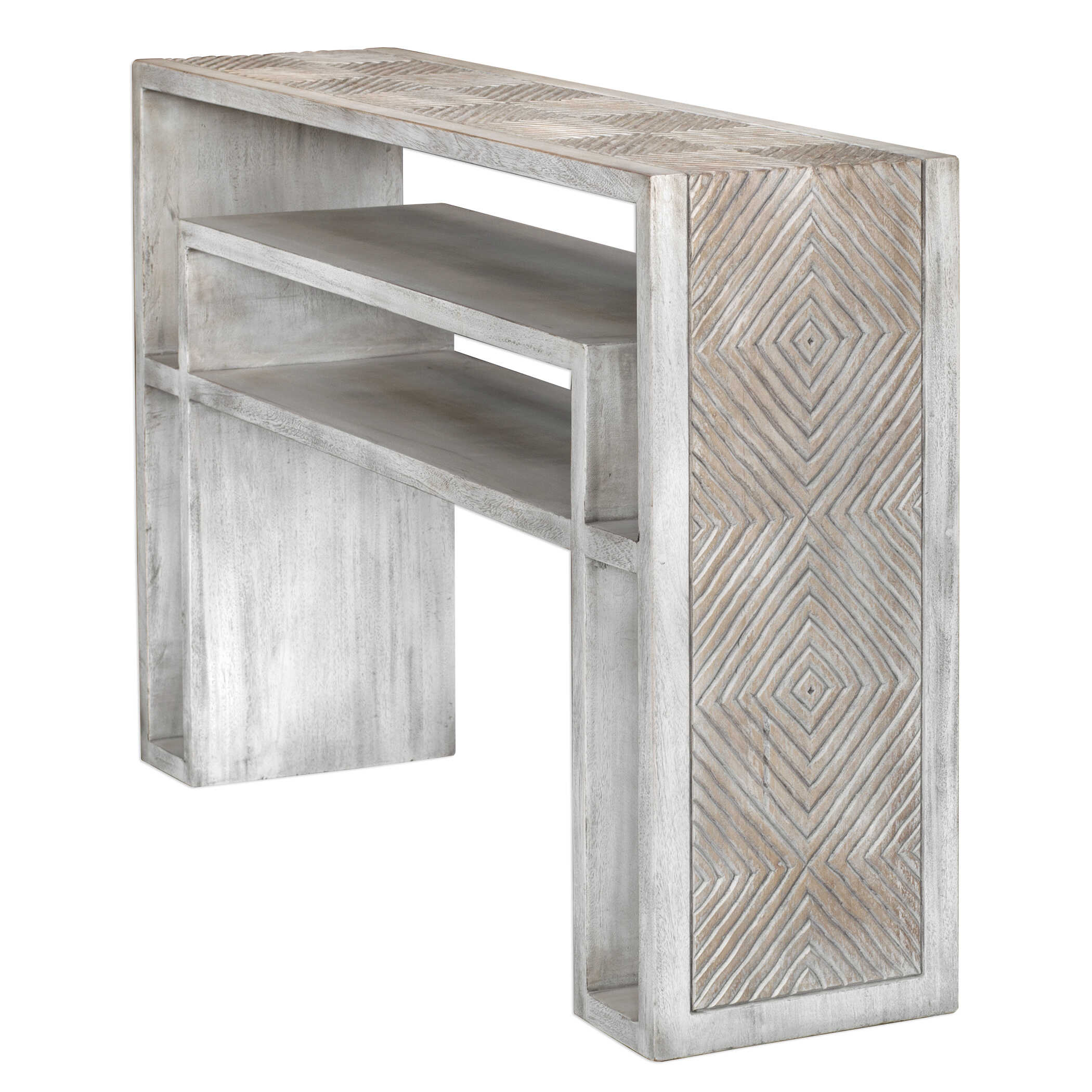 Genara Bone White Carved Console Table, Furniture by Uttermost, 48" width x 30" height x 12" depth View 5