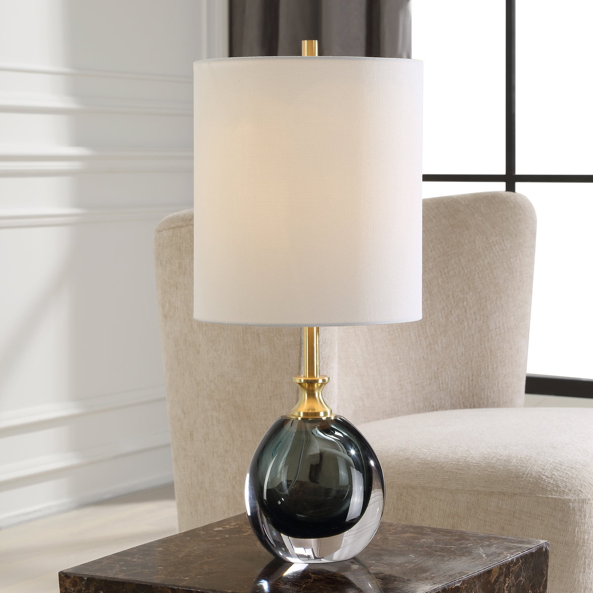 Enigma Teal Blue Glass Buffet Lamp, Table Lamp by Uttermost, 9" width x 20" height x 9" depth View 2