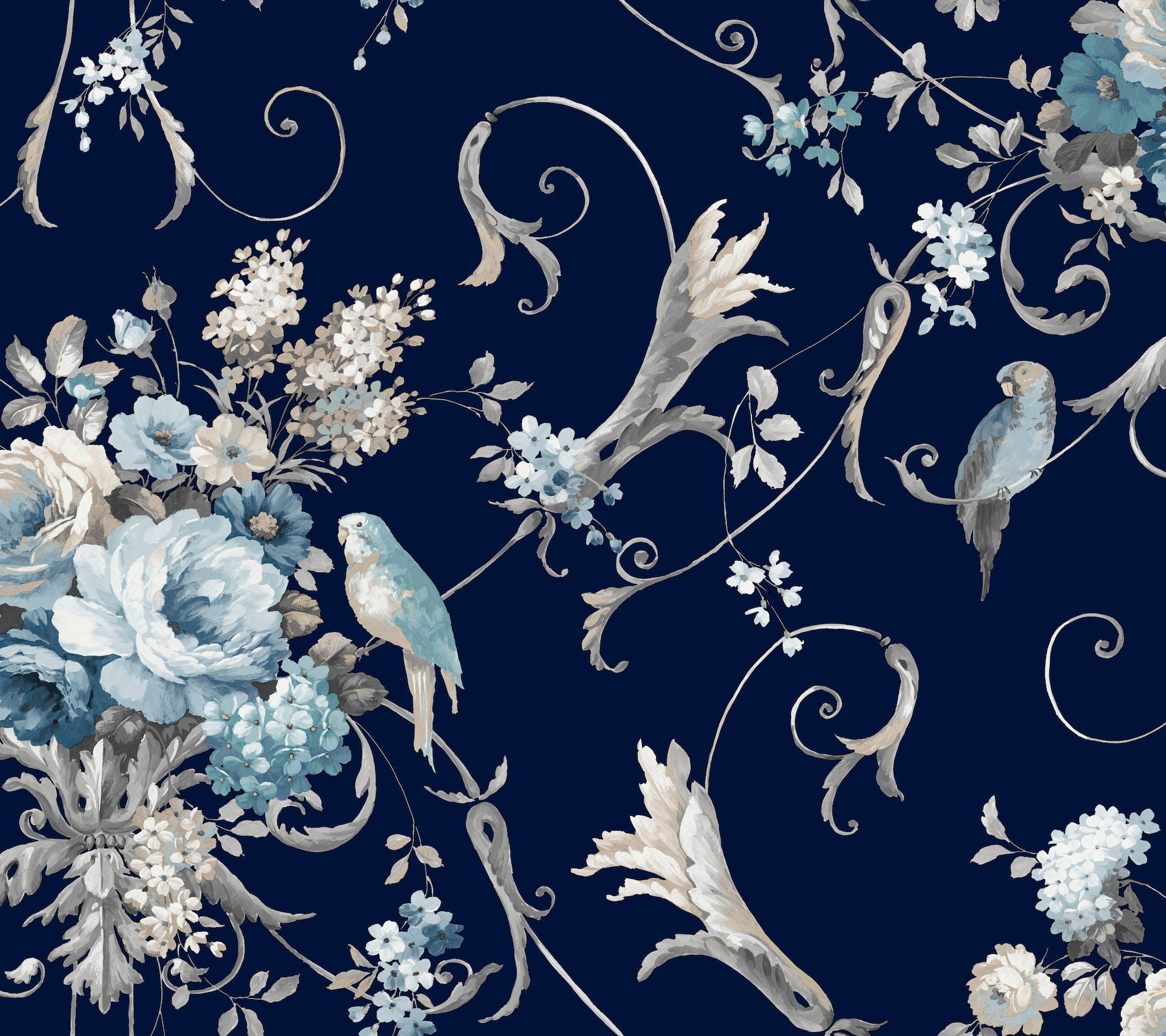 Parrots with Floral Bouquets Navy Peel & Stick Wallpaper large image 