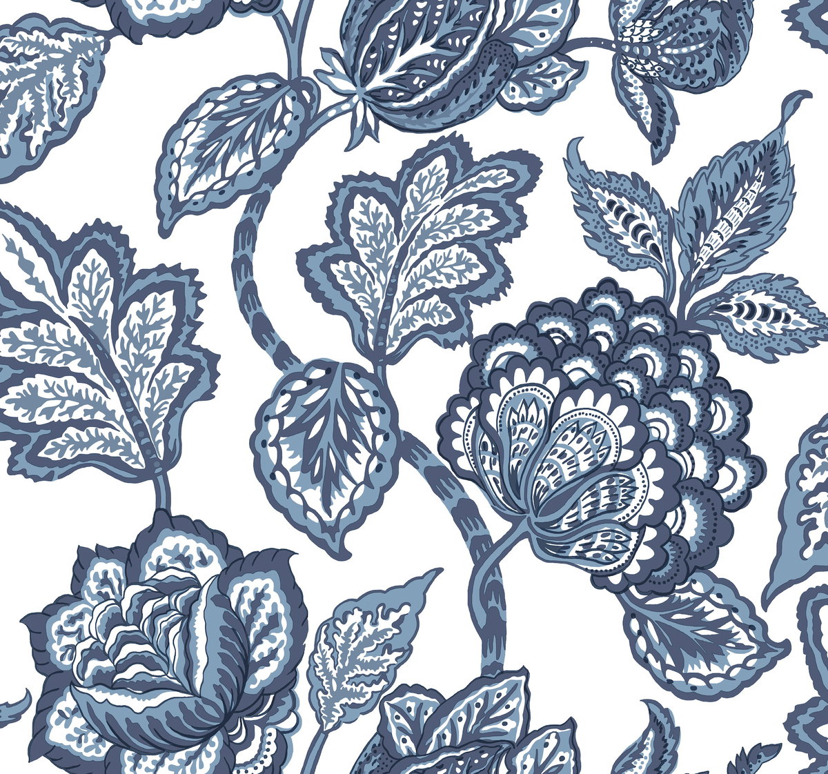 White & Blue Midsummer Jacobean Wallpaper, by York Wall, 27' length x 2'3" width x 0.02" depth