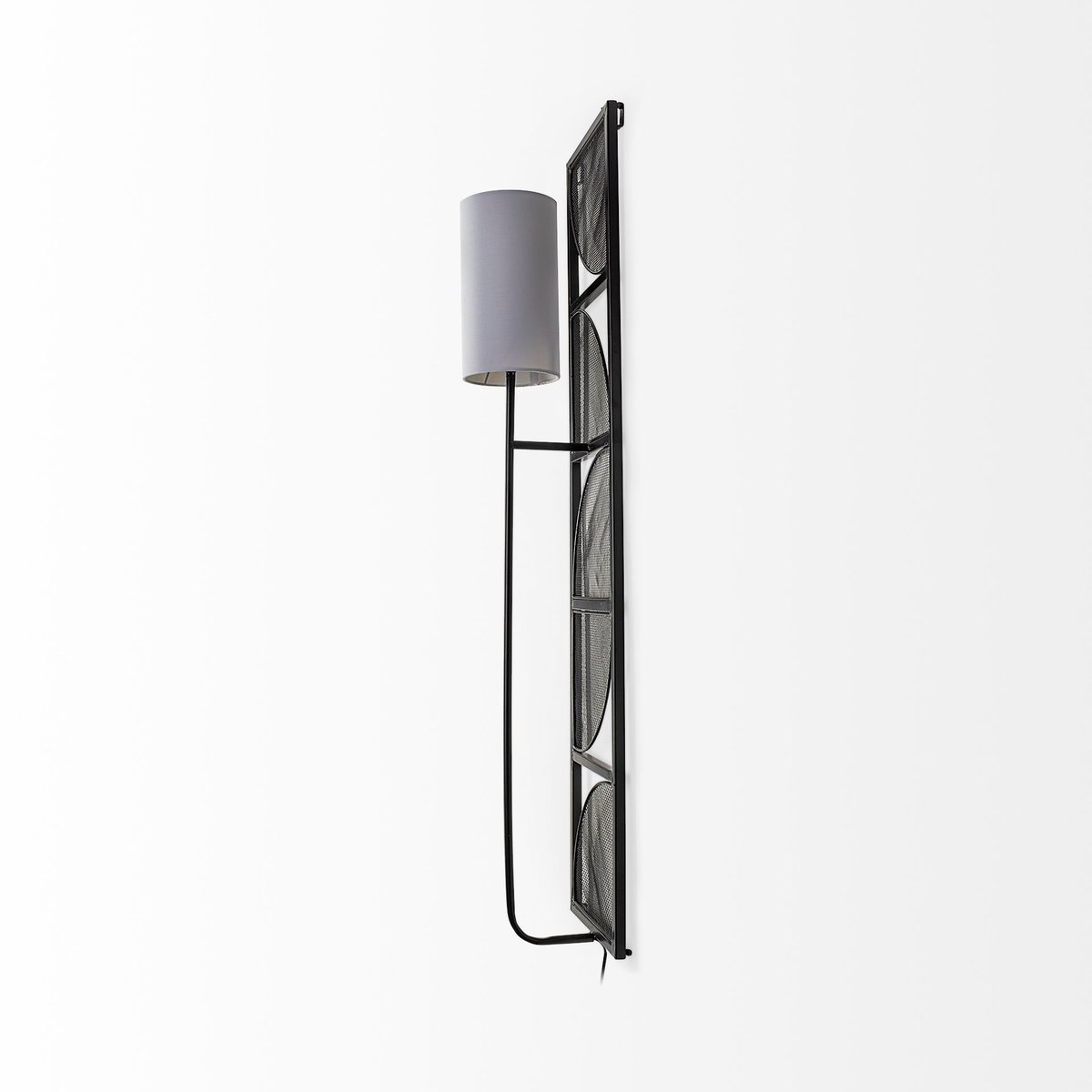 Navin 10x46.5 Black Metal Body White Fabric Shade Rectangular Wall Sconce, by Mercana, 10.04" length x 8.86" width x 46.85" height View 3