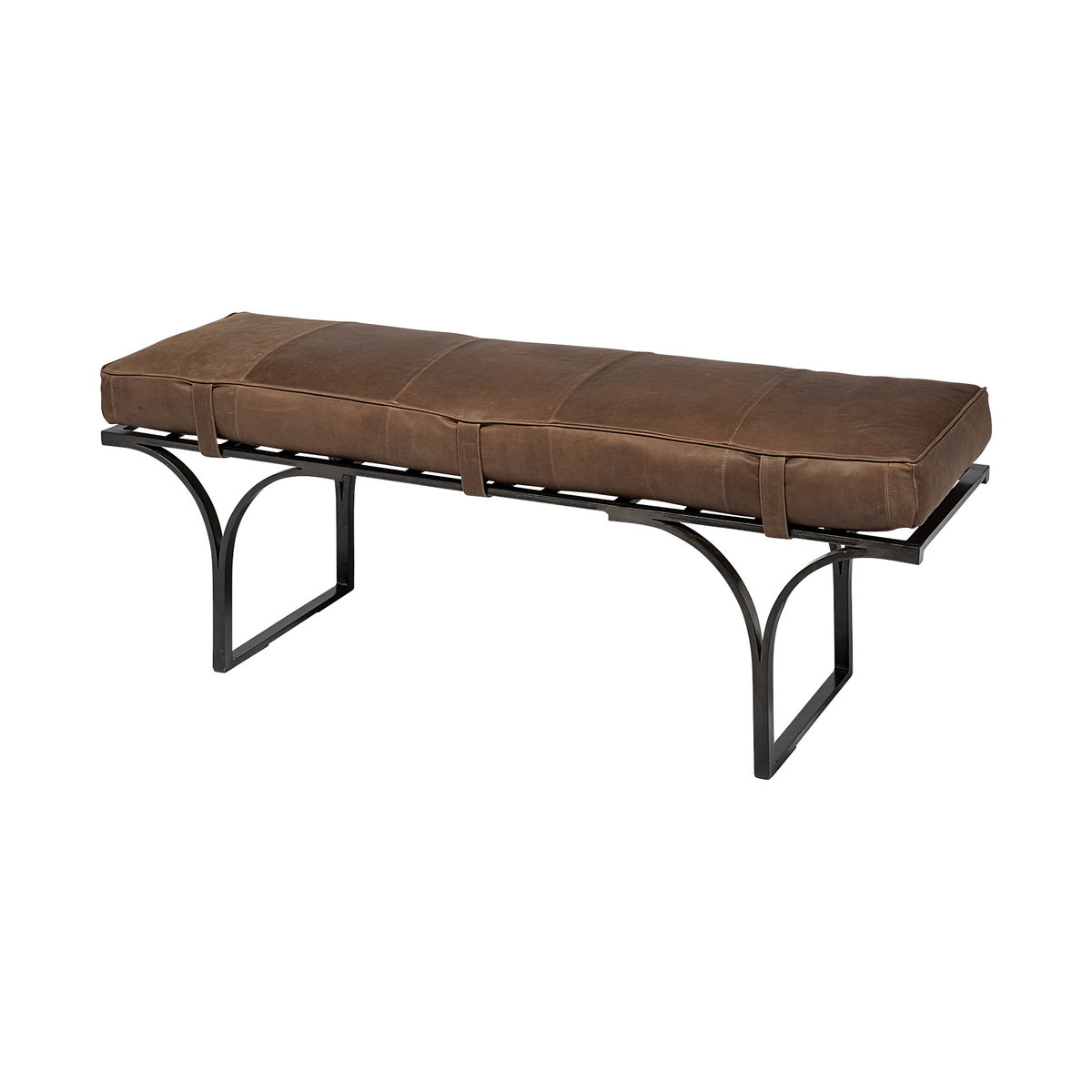 Jessie 55L x 16W Brown Leather Seat with Black Metal Base Accent Bench, Benche by Mercana, 55" length x 16" width x 20" height View 1
