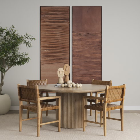 Shane Curved Back Dining Arm Chair | Woven Brown Leather with Brown Wood