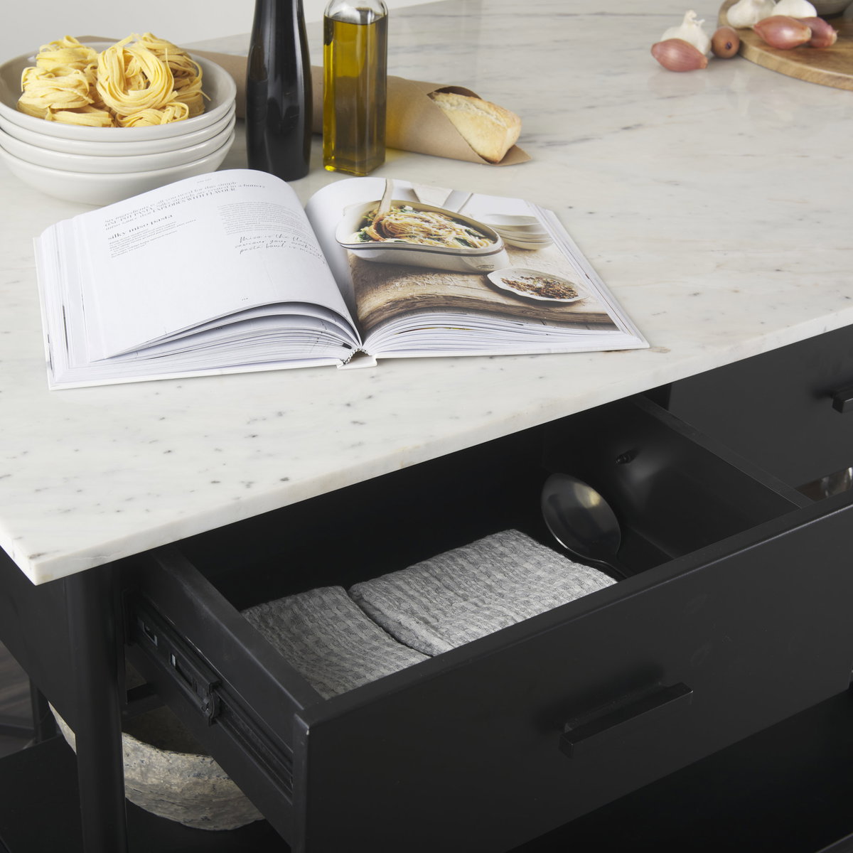Amika White Marble Top Black Metal Base Kitchen Island, by Mercana, 62" length x 34" width x 36" height View 3