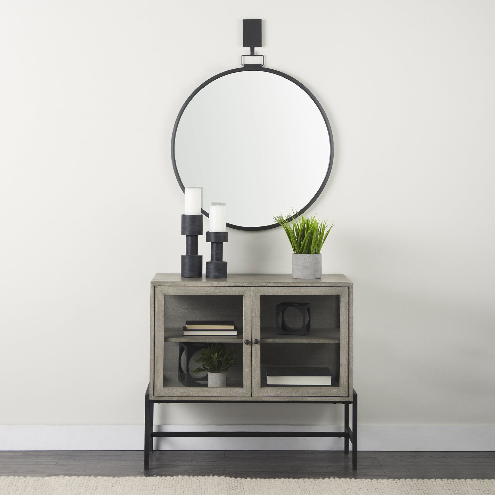 Arelius 36L x 18W x 32H Gray Wood, Black Metal Base with 2 Glass Doors Accent Cabinet large image 
