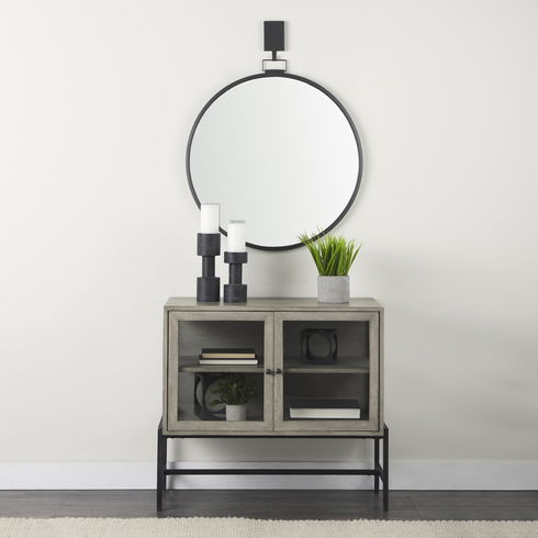 Arelius 36L x 18W x 32H Gray Wood, Black Metal Base with 2 Glass Doors Accent Cabinet