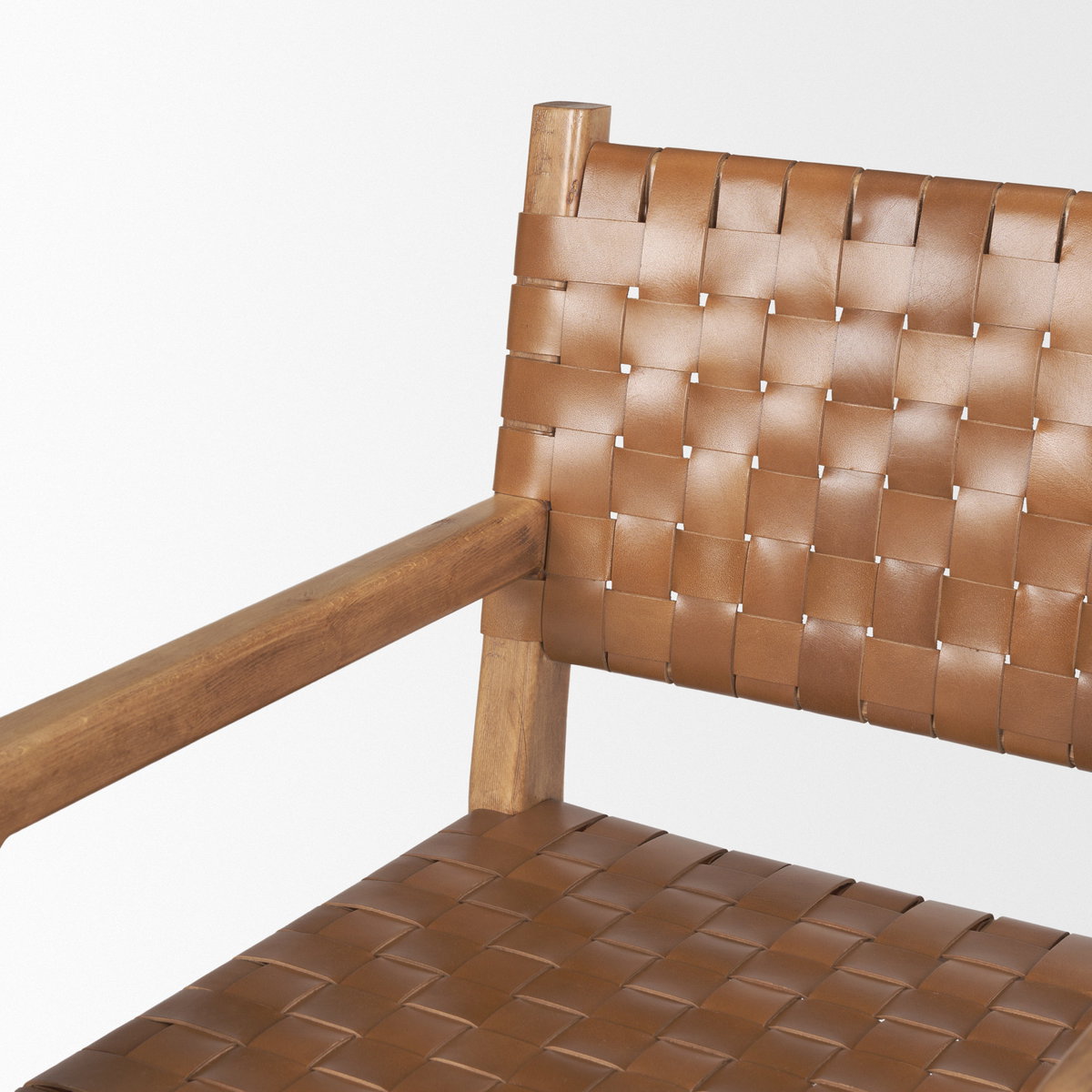 Shane Curved Back Dining Arm Chair | Woven Brown Leather with Brown Wood, Dining Chair by Mercana, 21" length x 21.5" width x 33.25" height View 10
