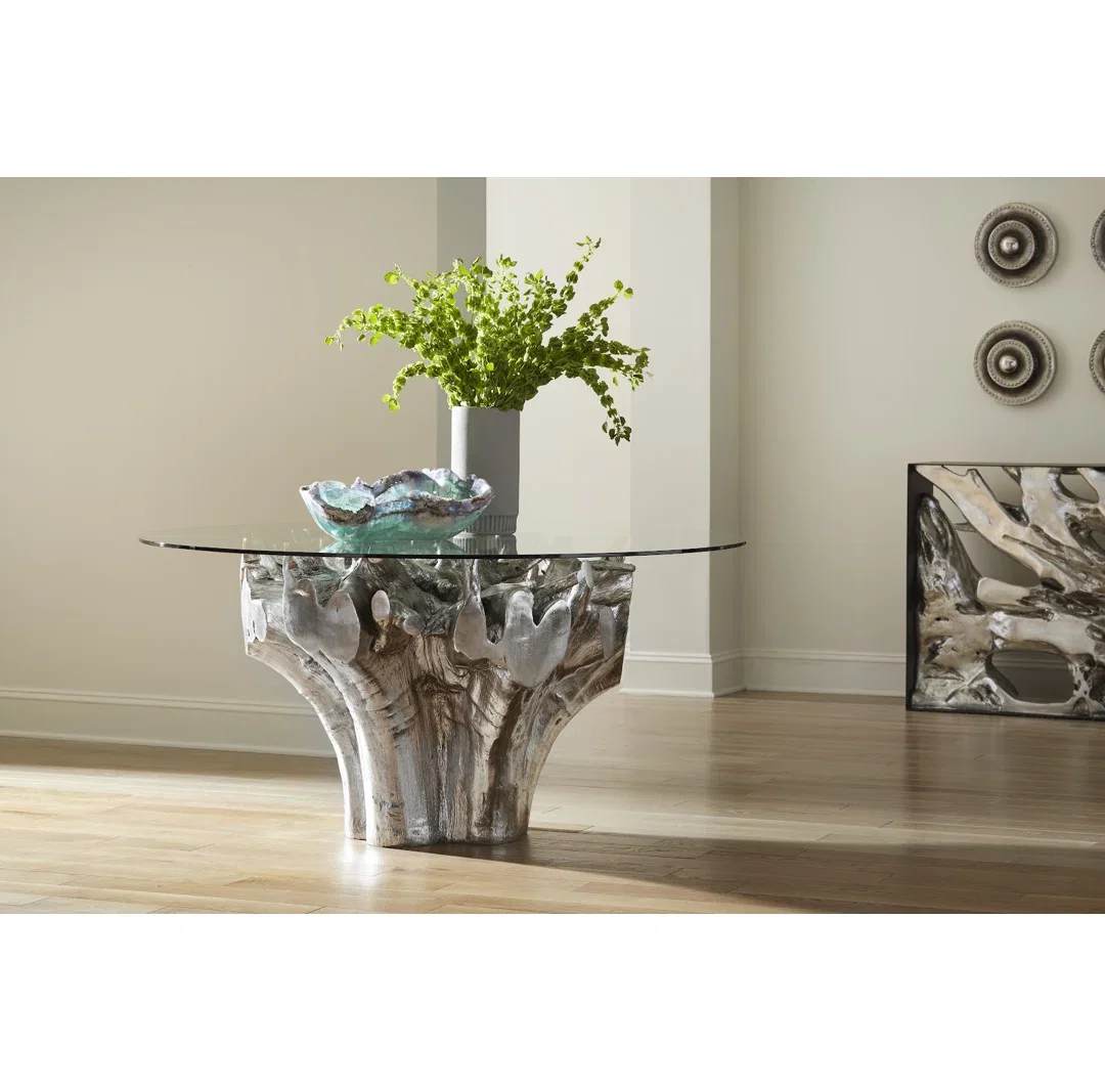 Root Small Silver Dining Table Base With Glass, by Phillips, 60" width x 30" height x 60" depth View 3