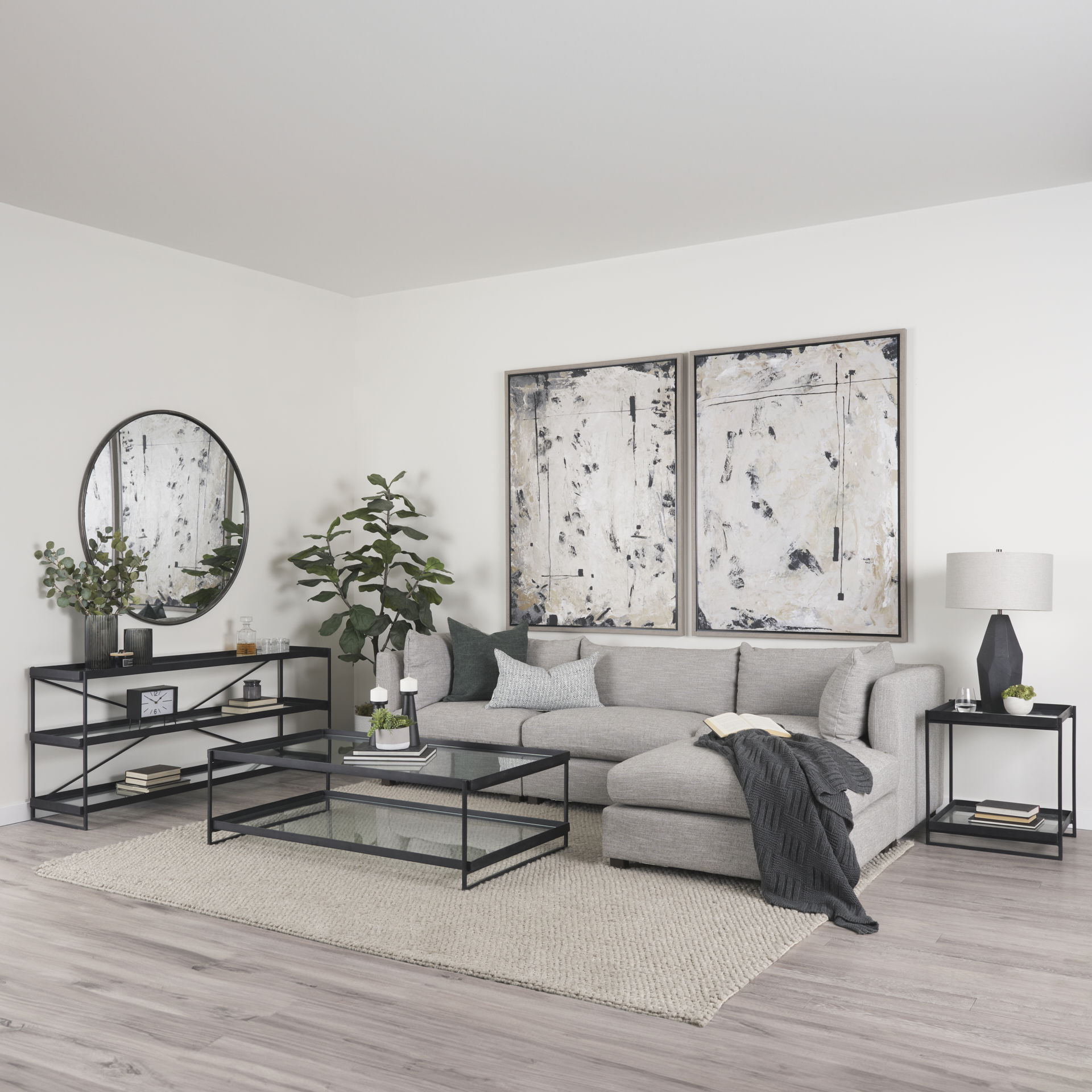 Trey 56'L x 32'W x 17'H Black Metal with Glass Coffee Table, by Mercana, 56" length x 32" width x 17" height View 2