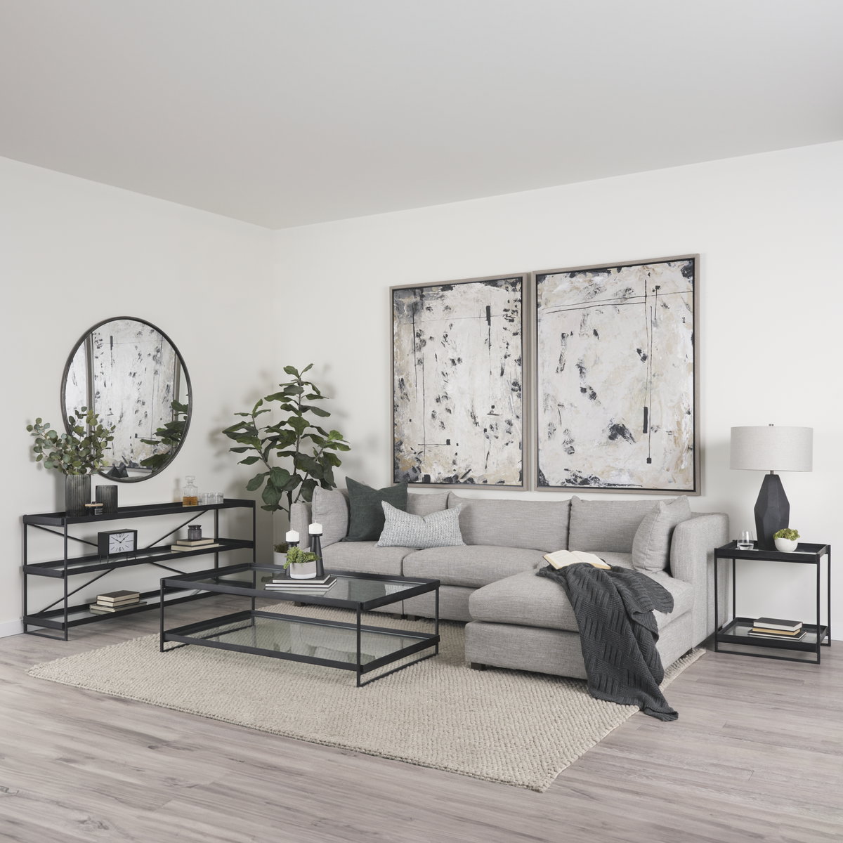 Trey 56'L x 32'W x 17'H Black Metal with Glass Coffee Table, by Mercana, 56" length x 32" width x 17" height View 2