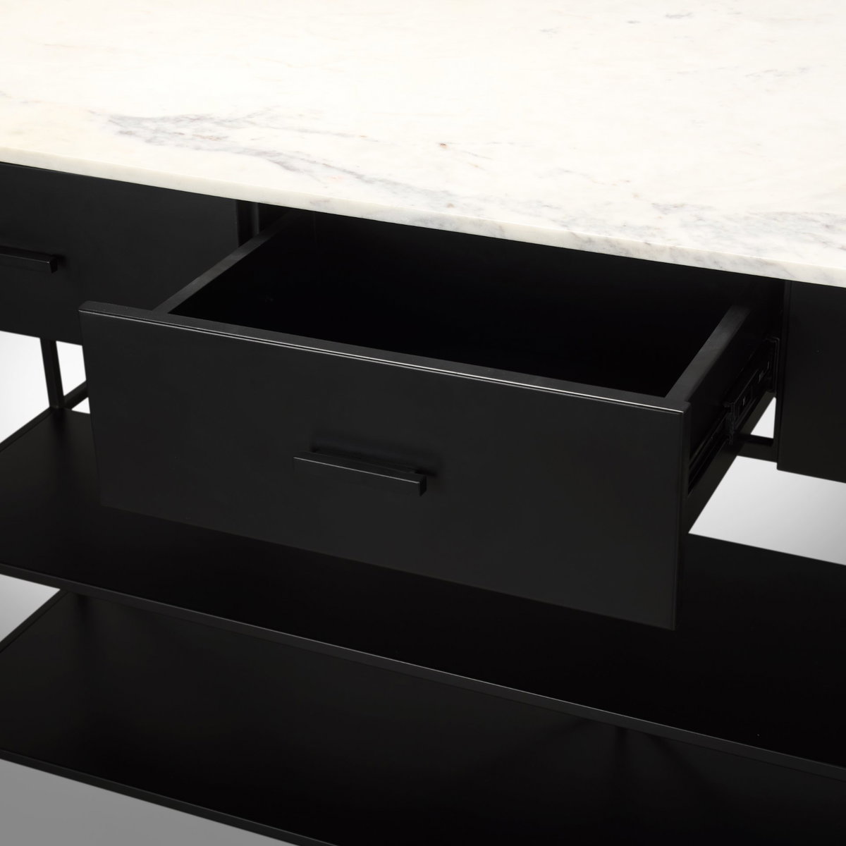 Amika White Marble Top Black Metal Base Kitchen Island, by Mercana, 62" length x 34" width x 36" height View 13