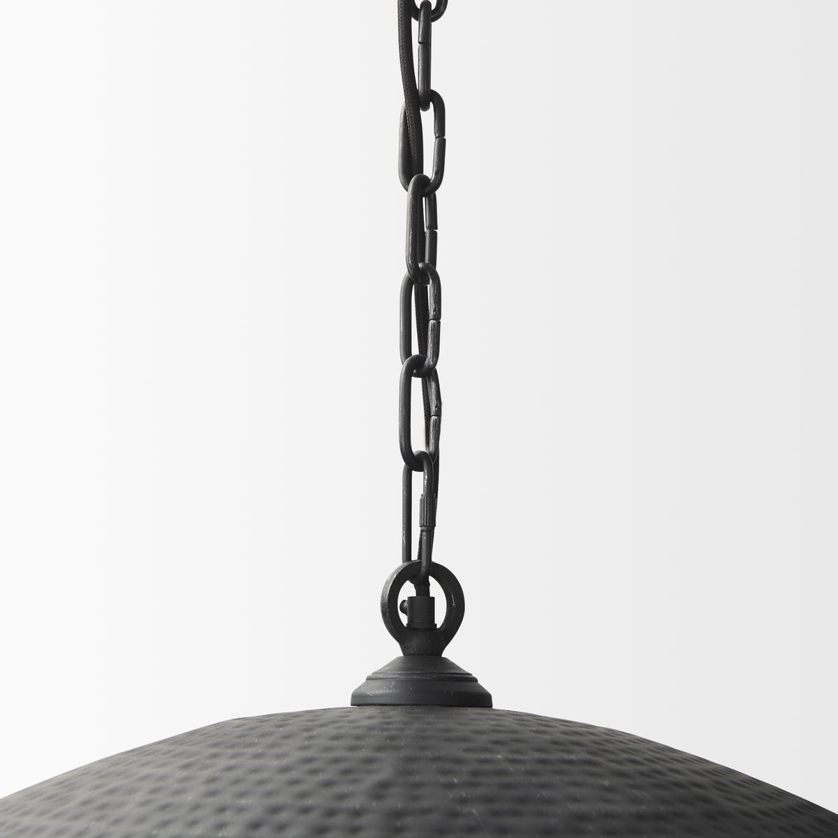 Karina 36' Round Matte Black Hammered Metal Dome Pendant Light, by Mercana, 36" length x 36" width x 21" height View 6