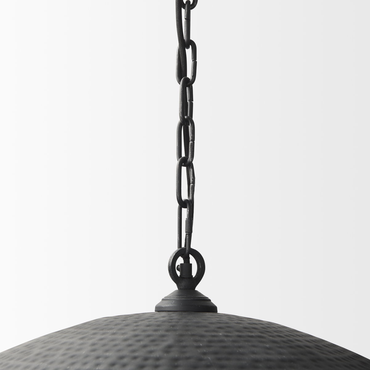 Karina 36' Round Matte Black Hammered Metal Dome Pendant Light, by Mercana, 36" length x 36" width x 21" height View 6