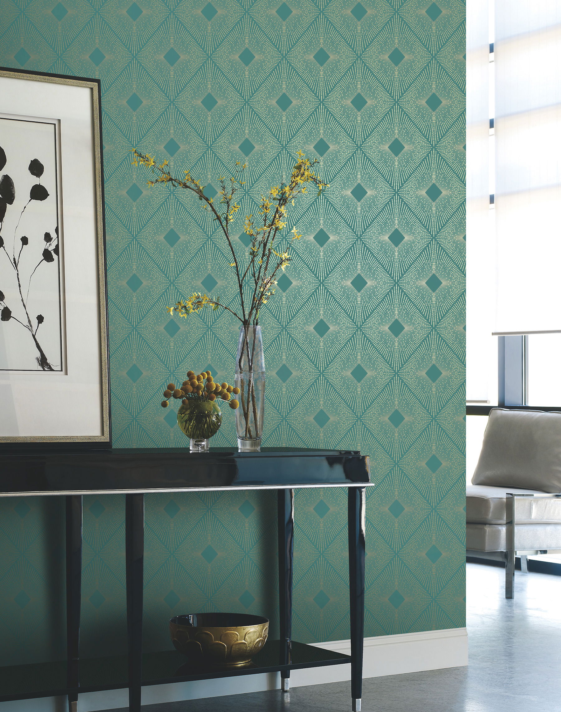 Harlowe Teal & Gold Wallpaper, by York Wall, 32'9.6" length x 1'8.8" width x 0.02" depth View 2