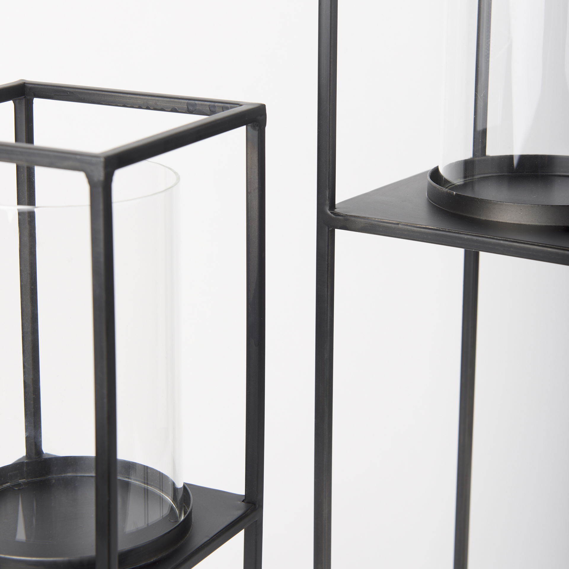 Cindy Set of 2 Matte Black Metal and Hurricane Glass Pillar Tabletop Candle Holders large image 